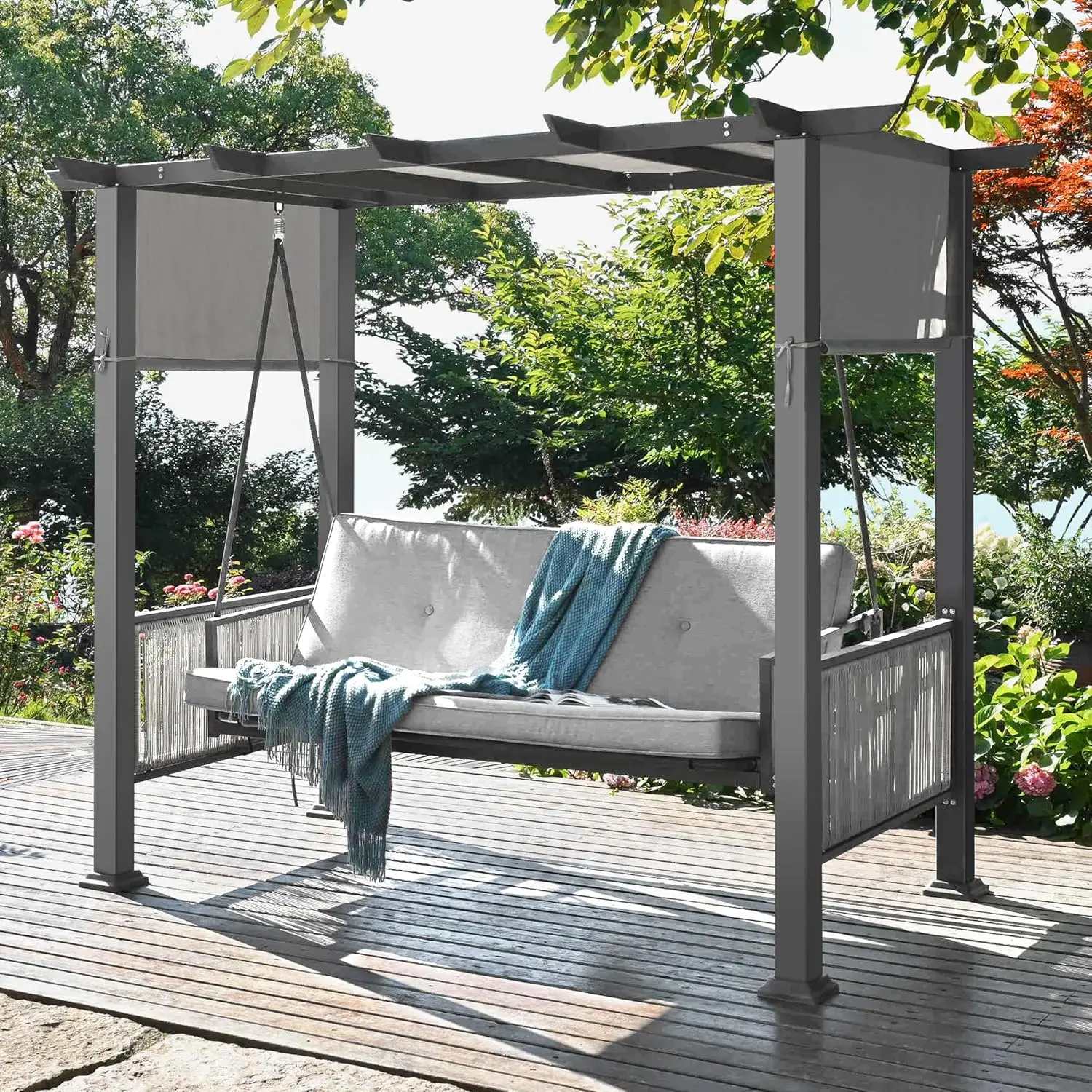 3-Seat Outdoor Swing with Canopy, Proch Swing Bed with Adjustable Curtains, 2 in 1 Design Patio Swing Chair for Balcony,