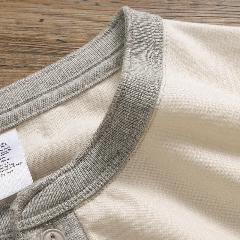 Three Needle American Retro Heavy T-shirt Men's Amikaji Pure Cotton Tube Weaving T-shirt Henry Collar Unisex Short Sleeved Shirt