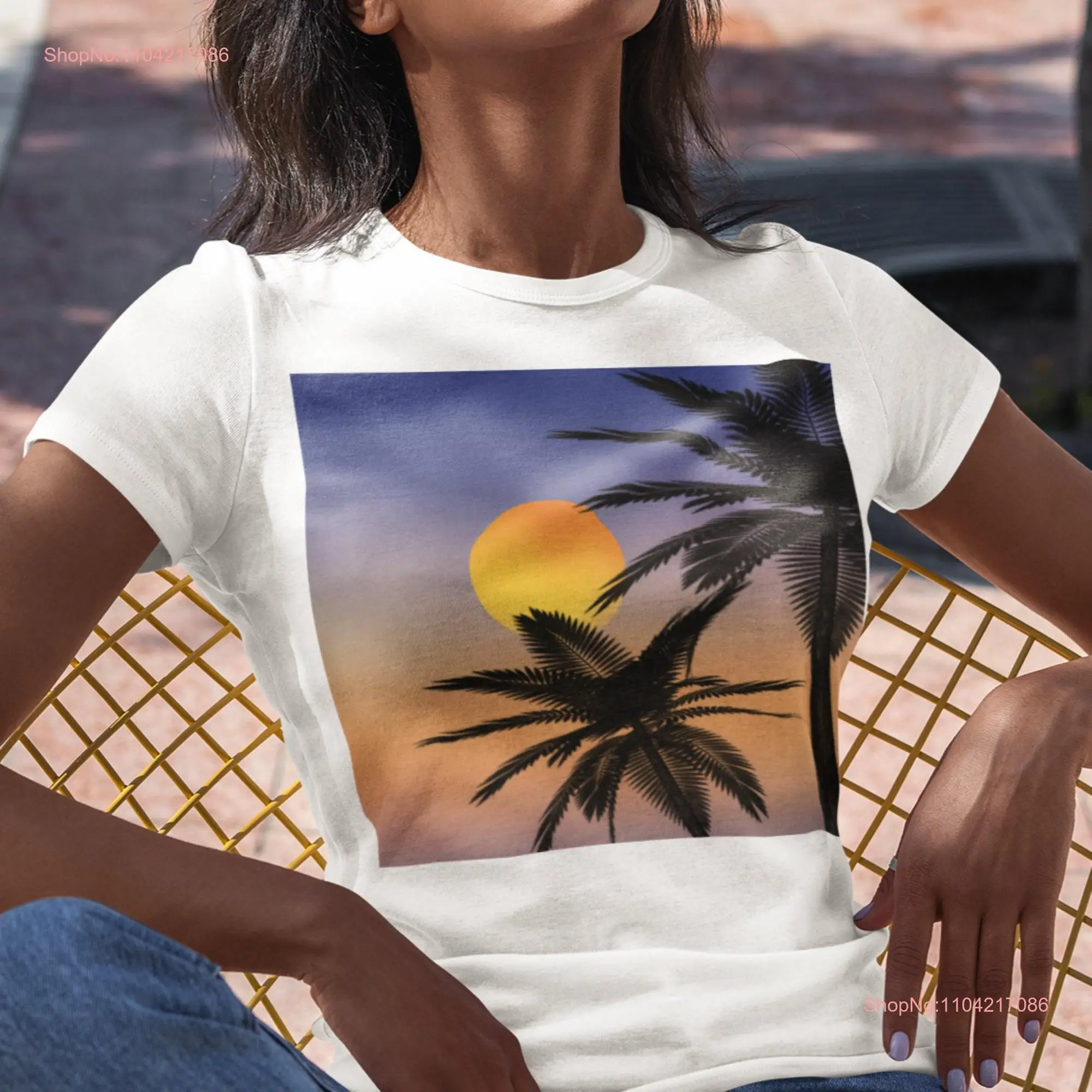 Blue and Orange Tropical Sunset with Two Silhouetted Palm Trees T shirt Beach Paradise Tree long or short sleeves