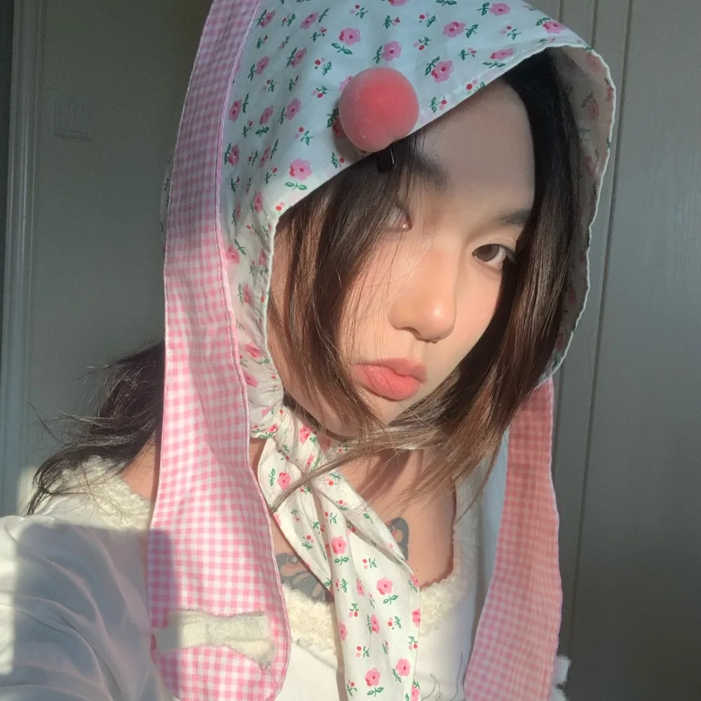 

Elegant Y2K Korean Lop Ear Rabbit Hat Sweet Polka Dot Floral Hair Scarf Bowknot Peach Pullover Cap Spring/Summer