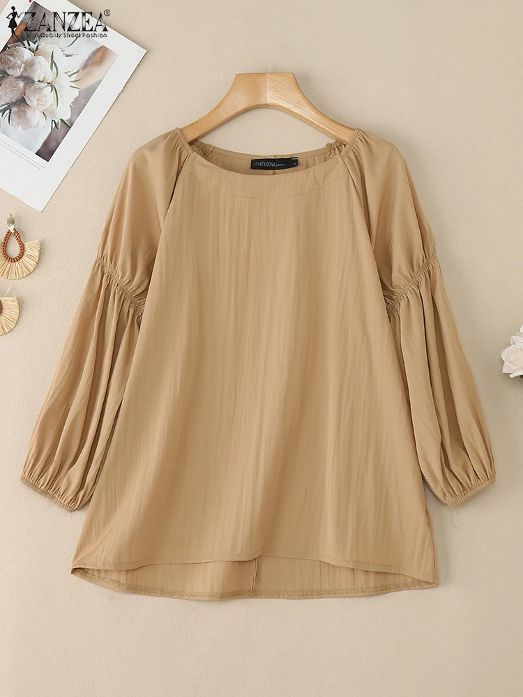 

Женская блузка ZANZEA, однотонная оверсайз, осенняя, с рукавами-фонариками 3/4, повседневные рубашки, мода 2025 года, с круглым вырезом, свободные Blusas Femininas