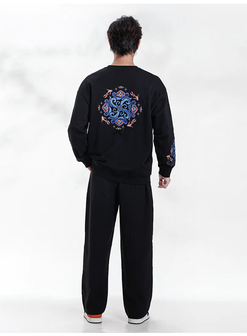 التطريز البلوز الرجال القطن Sukajan الفاخرة الذكور البلوز متماسكة ربيع الخريف الصبي هوديس س الرقبة سحب قميص العرق Z1