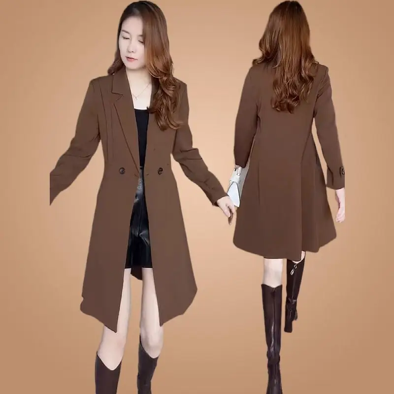 

Autumn Western-style Trench Coat for Women Clothes Solid Color Lapels Double Row Buttons Long Windbreaker Ladies Work Tops G1