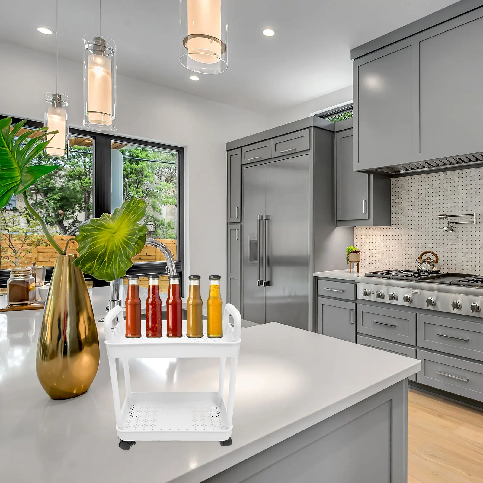 عربة تخزين بعربة دوارة من طبقتين مع خطافات للمطبخ والحمام وغرفة الغسيل 50 كجم تحميل مادة البولي بروبيلين متعددة الاستخدامات