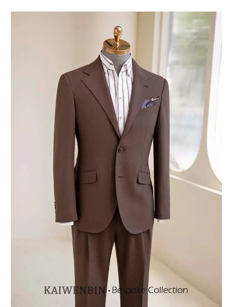 

Men's Suit Coffee Brown Italian Style 100% Superfine Wool Wide Lapel 2/3 Piece Set Wedding Busines Light Luxury Custom
