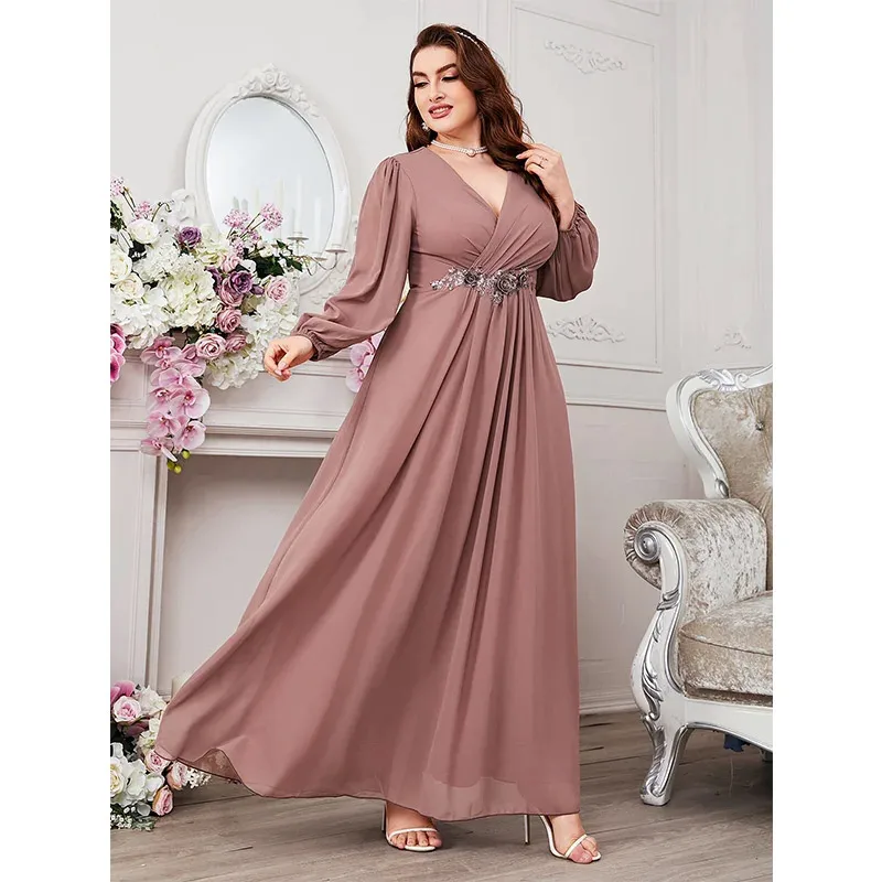 Mulheres Decote em V de mangas compridas Vestido, Rosa Chiffon Maxi Dress, Dama de Casamento, S-7XL, 4XL, 5XL