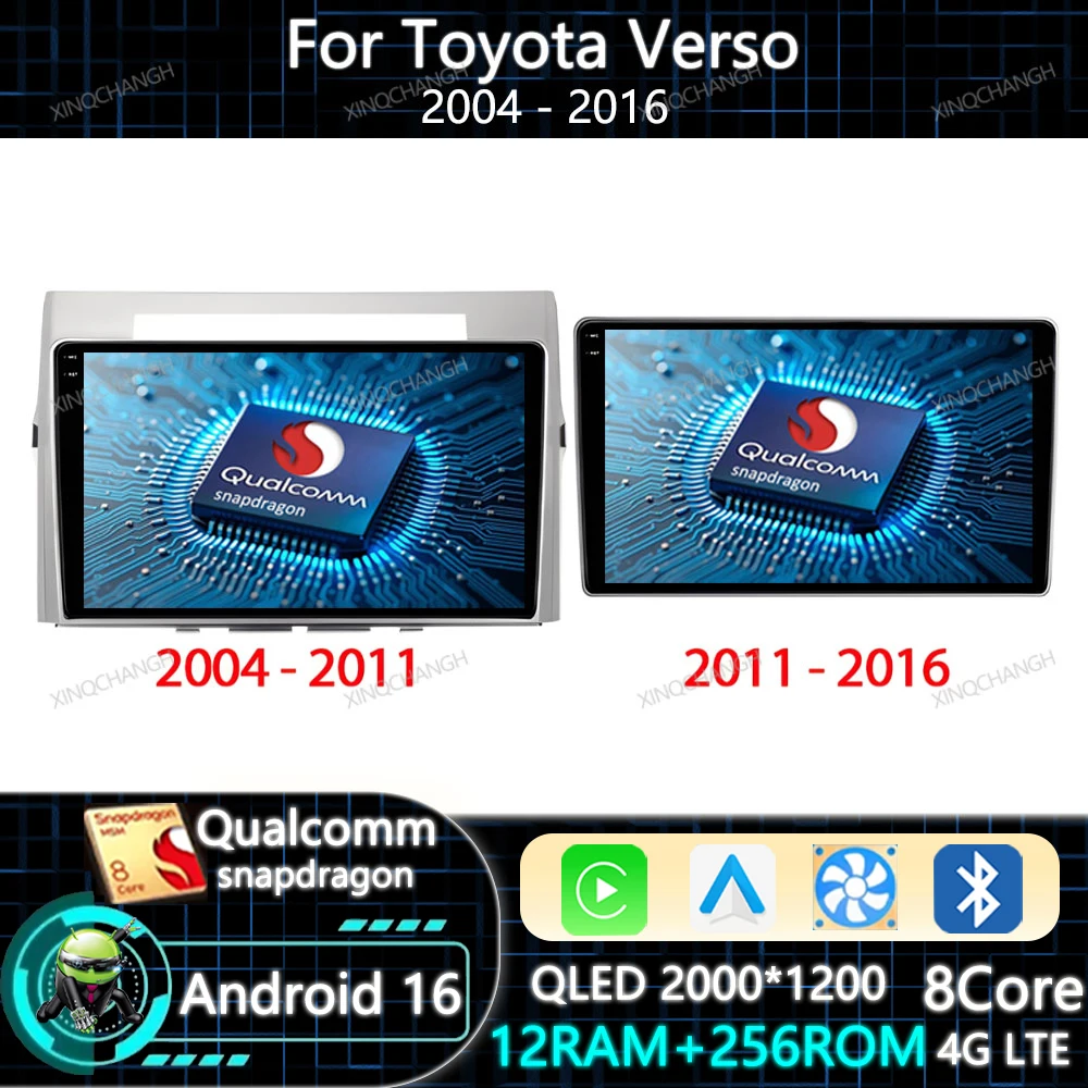 Android 16 Car Radio Carplay Auto For For Toyota Verso 2004 - 2016 QLED 4G LTE 5G WIFI Navigation Multimedia Video Player GPS BT