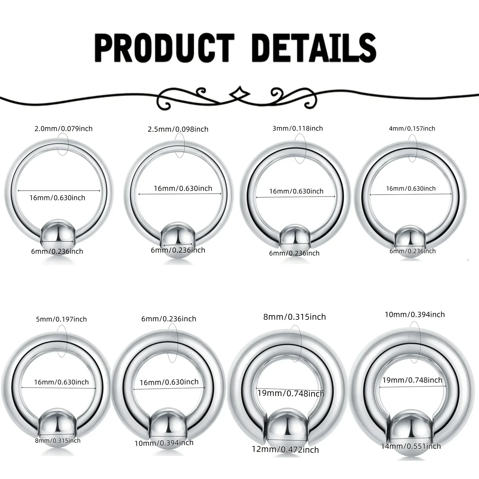 2Pcs Stainless Steel  Body Piercing Captive Bead Ring - Large-size Nose Ring Septum Ring Auricle Multi-Purpose Ring Private Ring