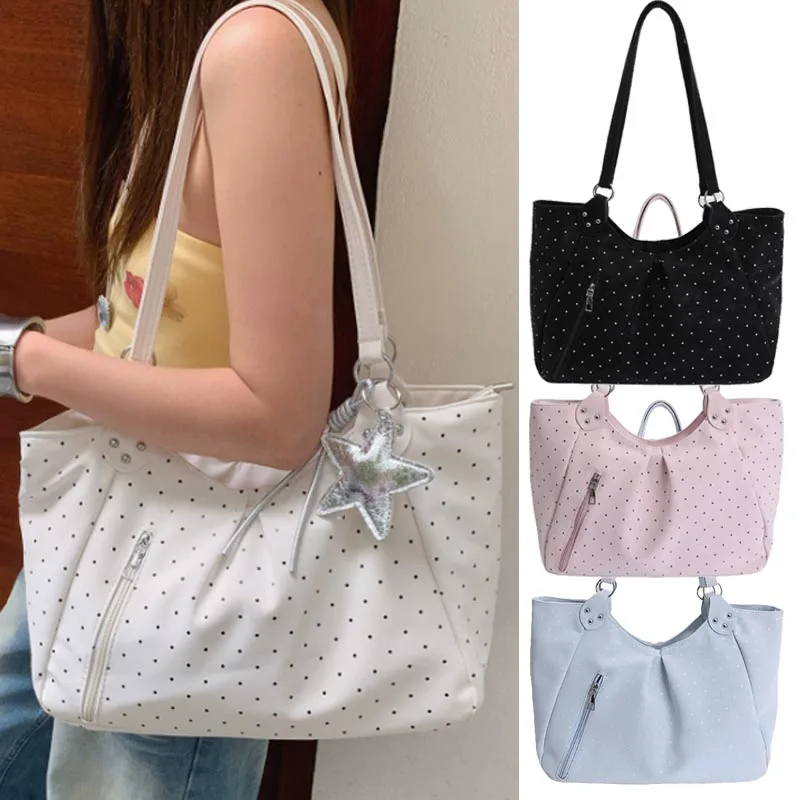 Vintage Large Capacity Shoulder Bag Korean Women Polka Dot Tote Cute Zipper Underarm Casual Daily School Shopping Work Handbags