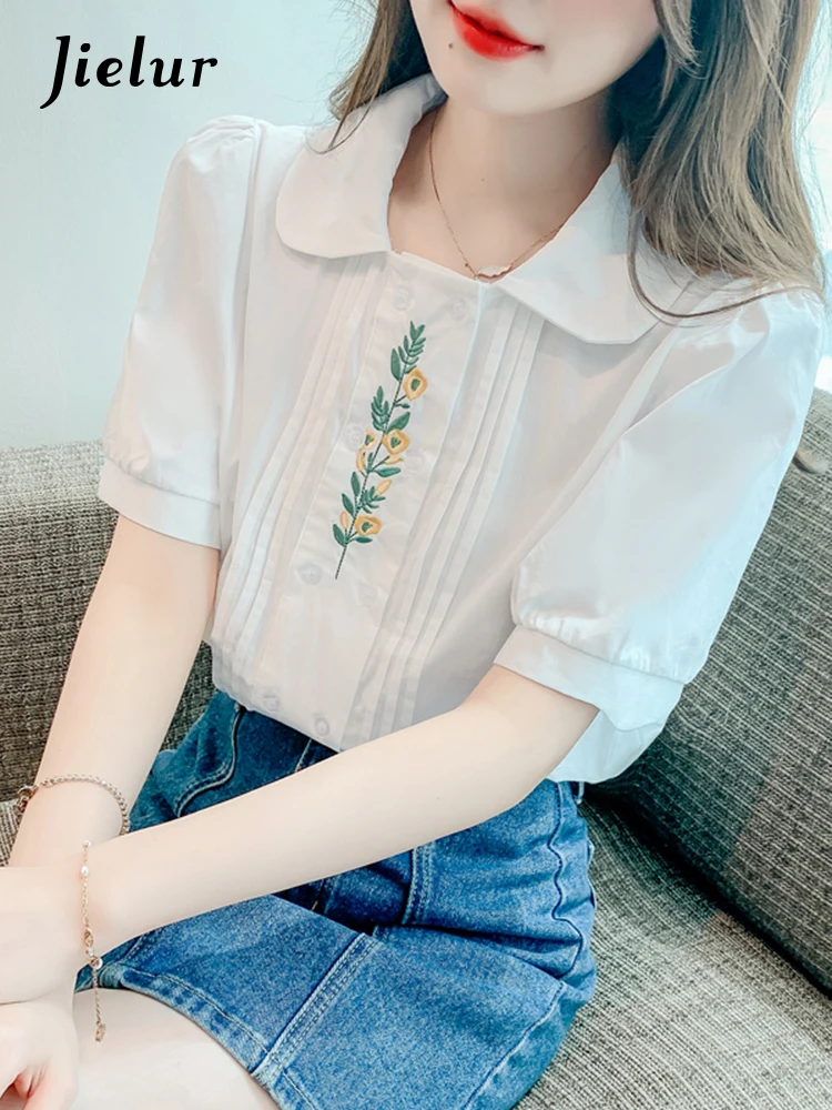 

Jielur Summer New Vintage French Women Shirt Sweet Ladies Elegant Embroidery Shirt Woman White Puff Sleeves Chiffon Top Female