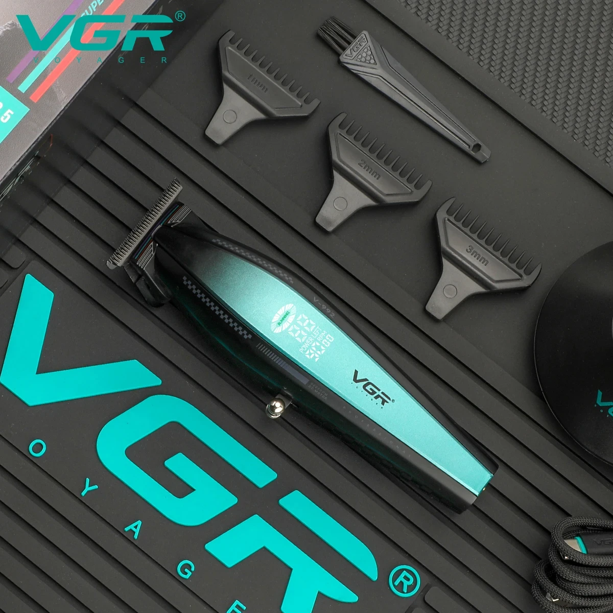 VGR V-992 المهنية الكهربائية دفع القص المعادن ميكا الرياح الجسم الرجال مع قاعدة مقص الشعر LED شاشة ديجيتال النفط رئيس نحت