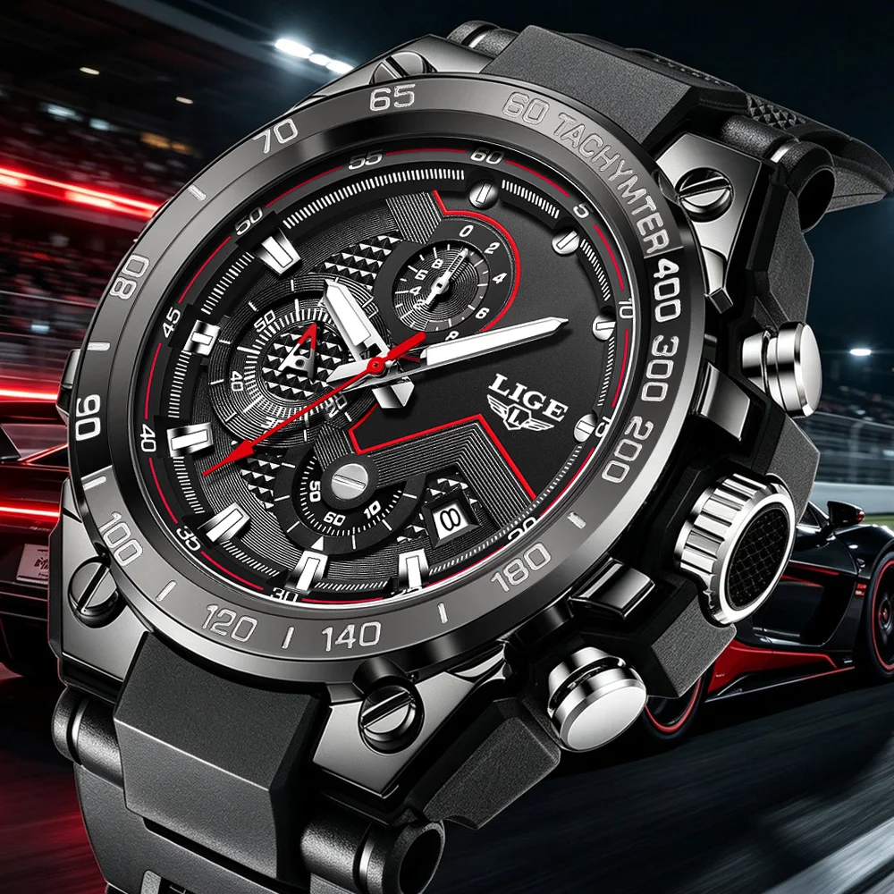 LIGE Sports Men Watch Racing Chronograph Men's Watches Waterproof Luminous Date Watches for Man Silicone Tachymeter Wristwatches