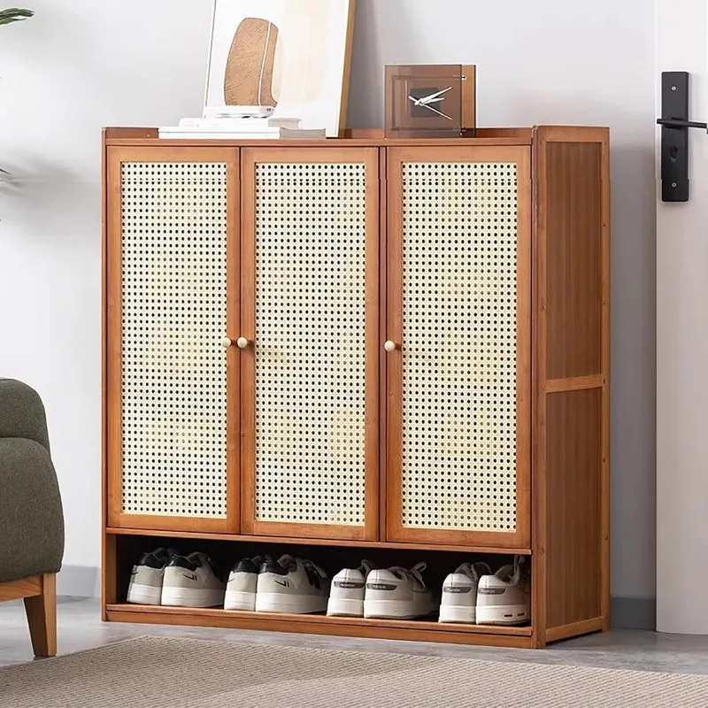 Bamboo Shoe Cabinet With Rattan Doors,Rustic Entryway Shoe Storage Cabinet,Rattan  Cabinet With 6 Tier Shoe Rack