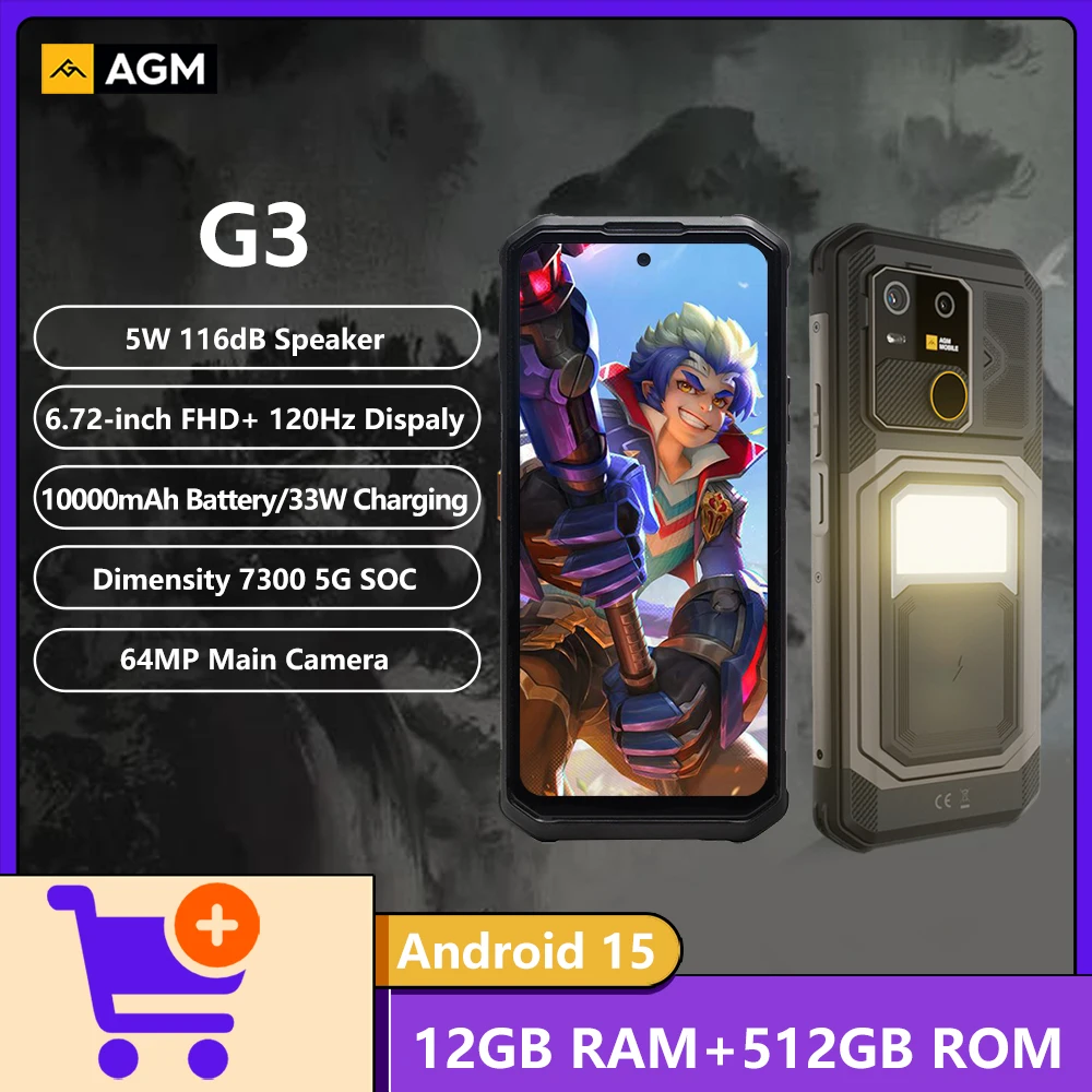 NEW 2025 AGM G3 5G Rugeed Phone Dimensity 7300 5G 5W 116dB Speaker Camping Light 12GB+512GB 6.72