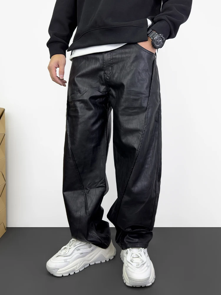 

Casual Leather Pants for Men Spring Autumn New Sle Motorcycle Leisure Wide Leg Straight Cut Long Trousers Trendy Patchwork