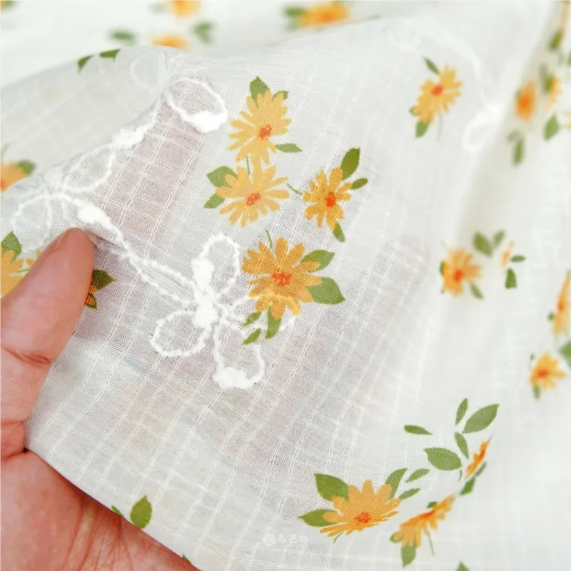 Spring and summer bright white background with yellow print dark jacquard fabric shirt dress designer