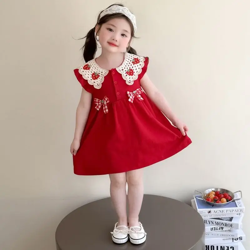 Baby Girls Summer Lace Red Turn-down collar Bow Princess Lace Self-cultivation A-Line Dress Birthday Holiday Party Children Clot