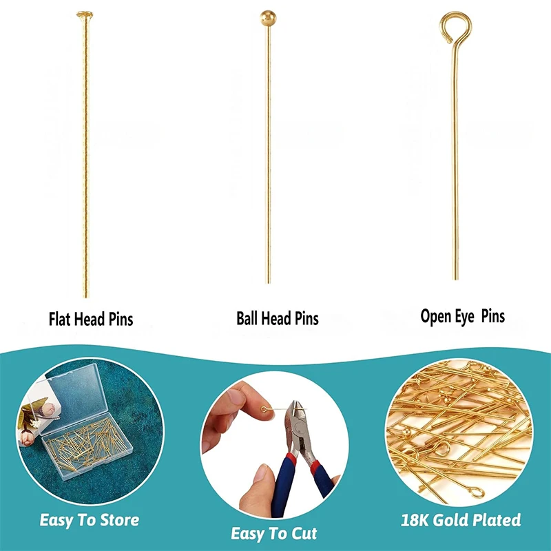18K Gold Plated Brass Eye Pins Flat & Ball Head Pins Copper Jewelry Pins Needles for Crafts DIY Earring Pendants Jewelry Making