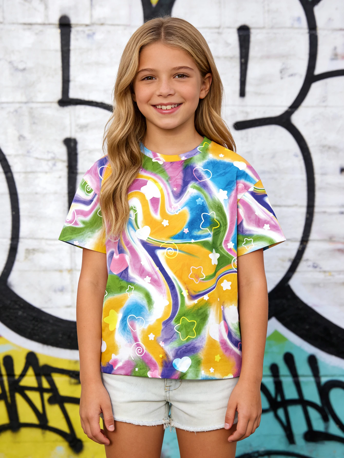 

2026 girls trendy colorful tie-dye T-shirt, colorful smudged older children's summer top