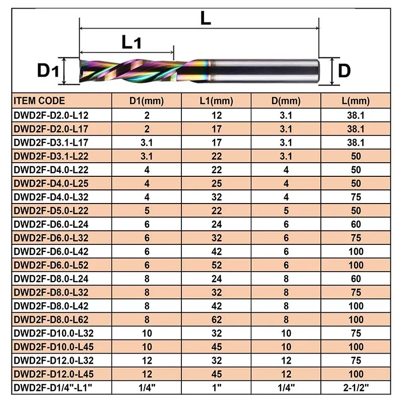 Dreanique 1pc dlc beschichtung Vollhartmetall-Fräser 3.1,4,6,8, 10, 6,35mm 2-Flöten-Spiralfräser Bit fräser Holz MDF Down Cut