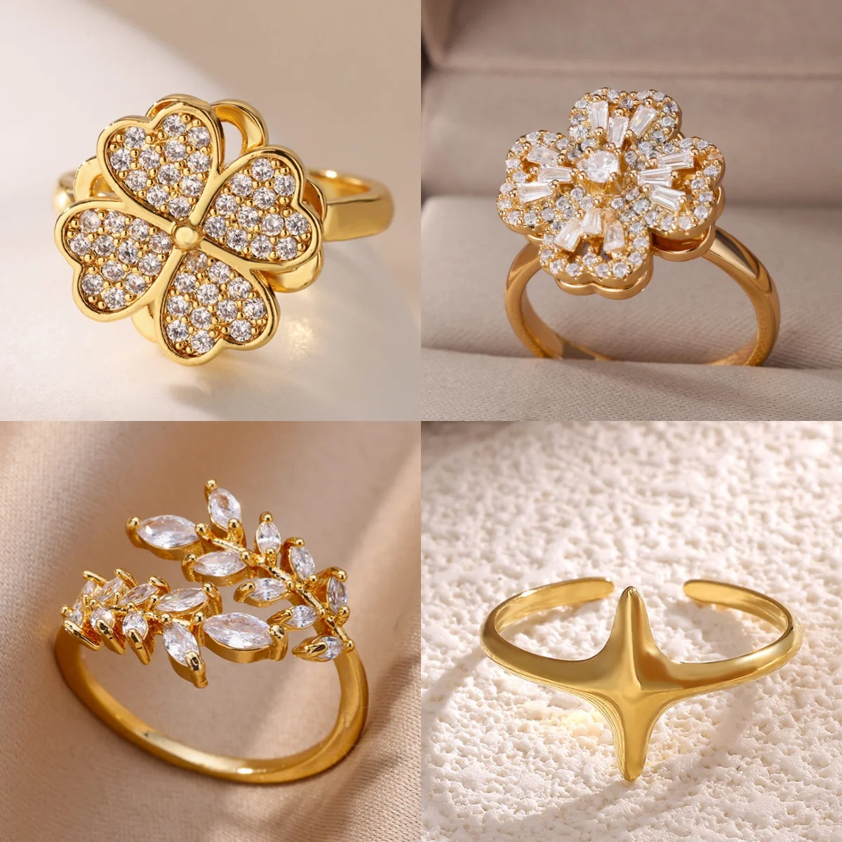 Eleganter Blattförmiger Zirkonia Damenring 18K Vergoldet Durchbrochener Vierblättriger Kleeblatt-Schmuckring Geschenk
