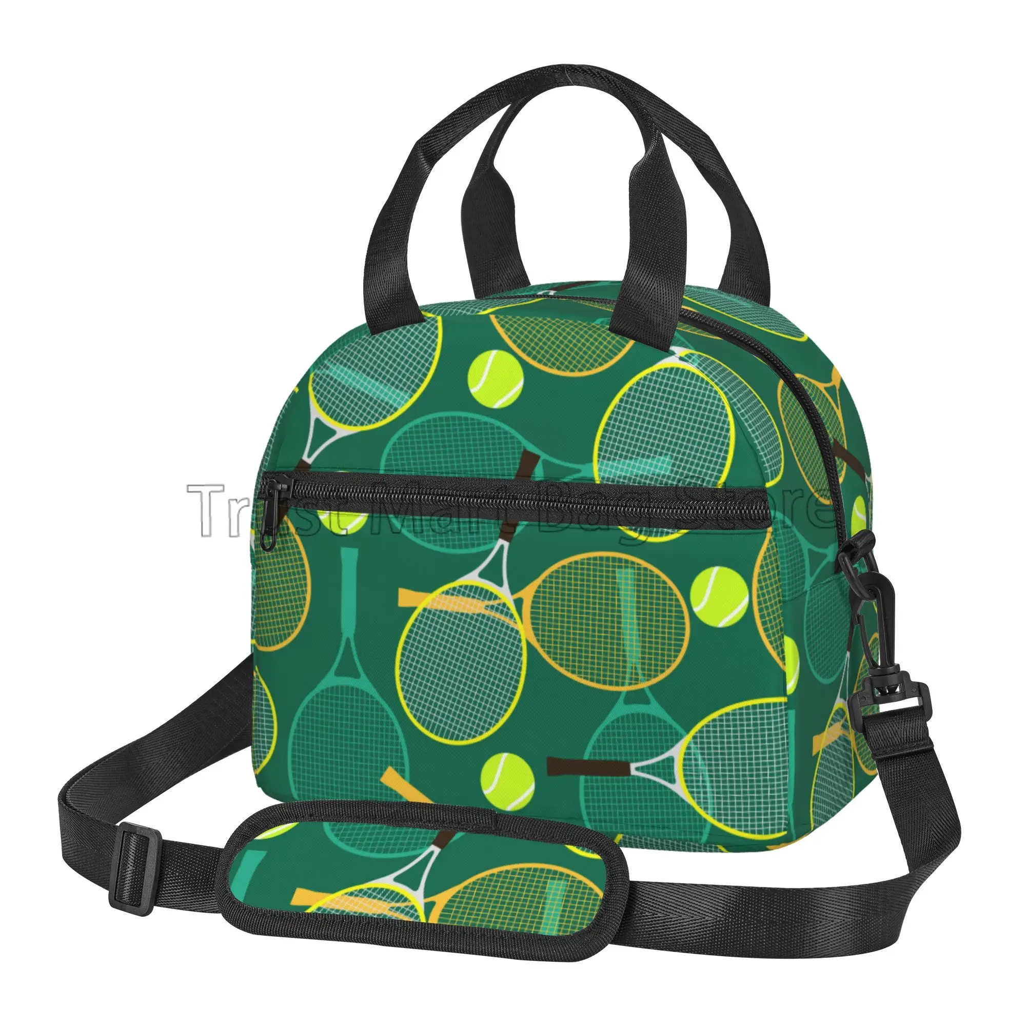 Tennis Rackets and Balls Insulated Lunch Bag for Travel Reusable Waterproof Thermal Bento Tote with Adjustable Shoulder Strap