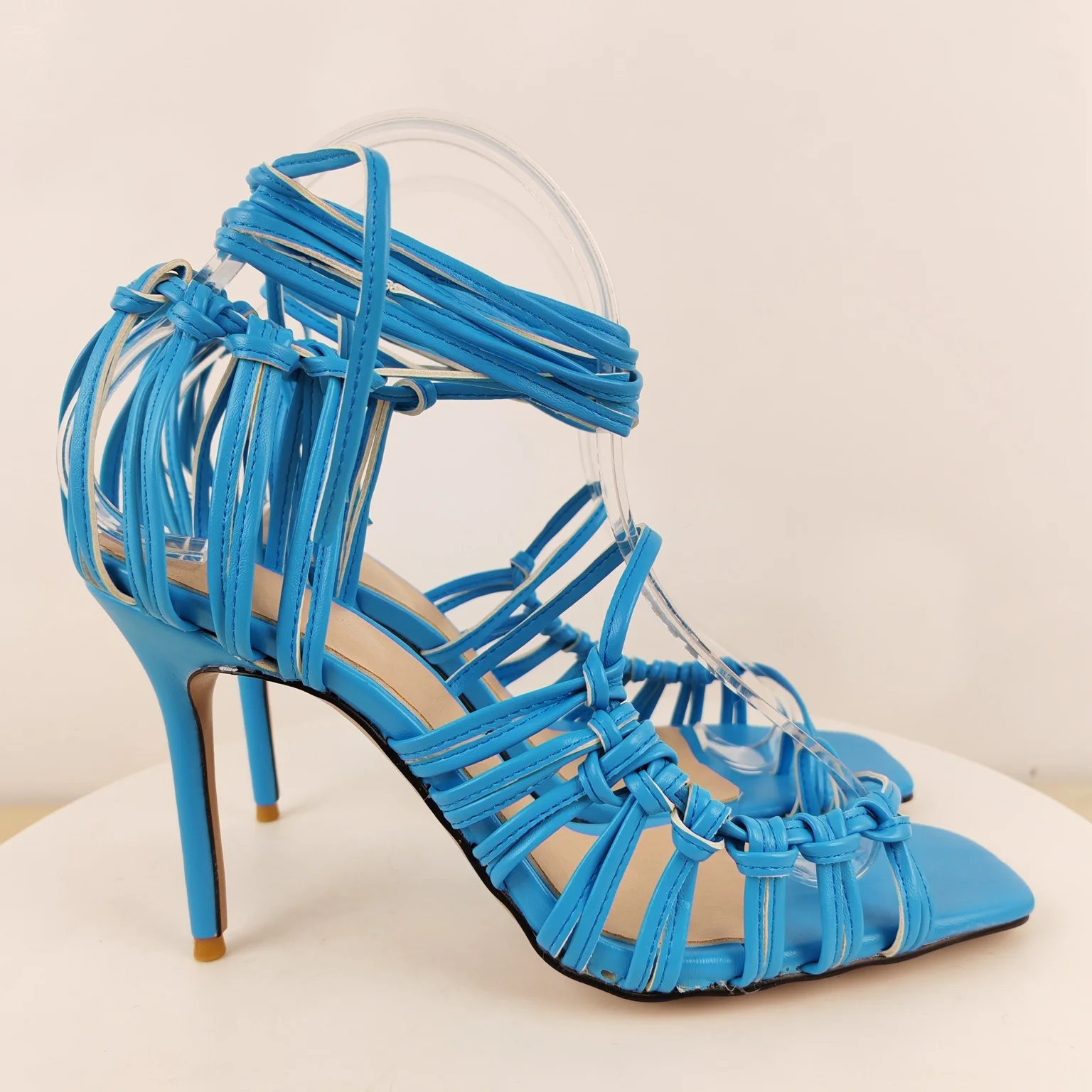 

Braided Multi‑Strap Women Sandals De Mujer Square Toe Lace‑Up Ankle Wrap Thin High Heels Daily Party Pumps Trendy Female Shoes