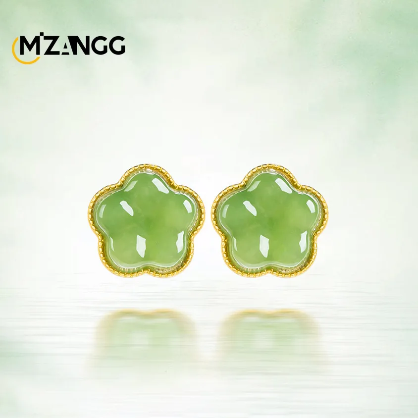 

Natural Old Material Spinach Green and Field Jasper Peach Blossom Earrings Women's Genuine S925 Silver Inlaid Jade Earrings Gift
