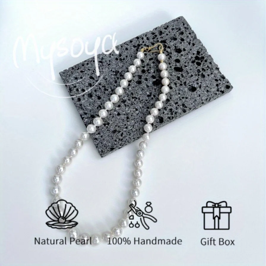 

MYSOYA 8-9mm Natural White Freshwater Pearl Necklace For Women And Men With Gift Box Birthday Wedding Anniversary Jewelry Gift