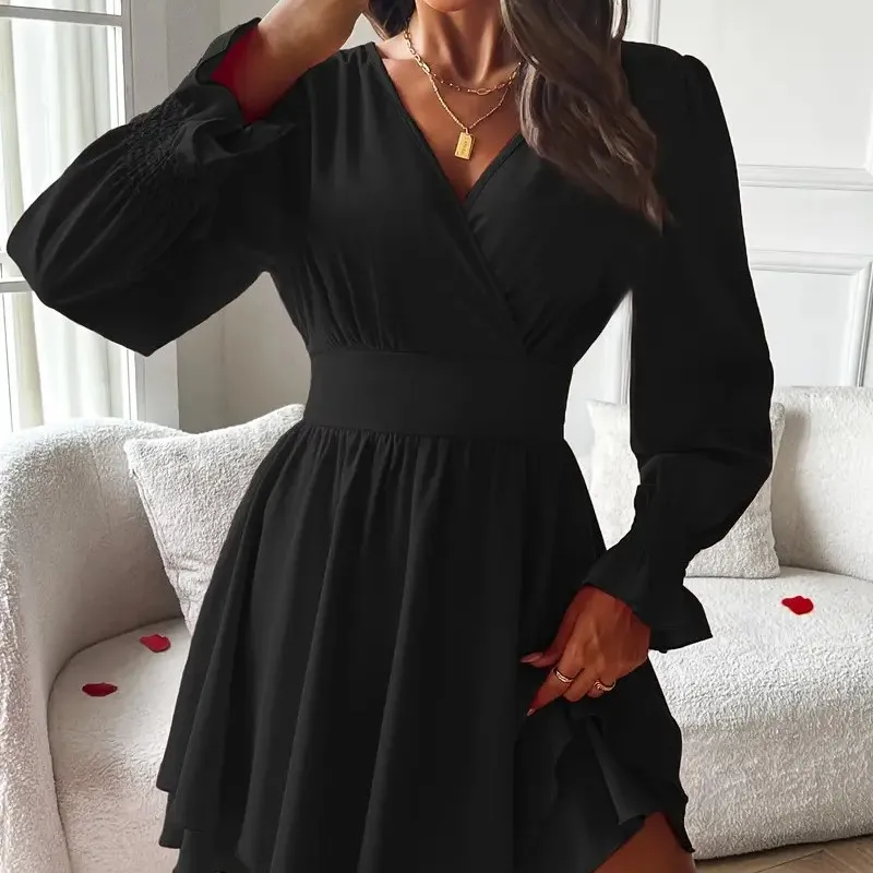 2025 여성 의류 V넥 랜턴 소매 랩 미니 드레스 주름 하이웨이스트 우아한 가을 파티 드레스 베스티도스