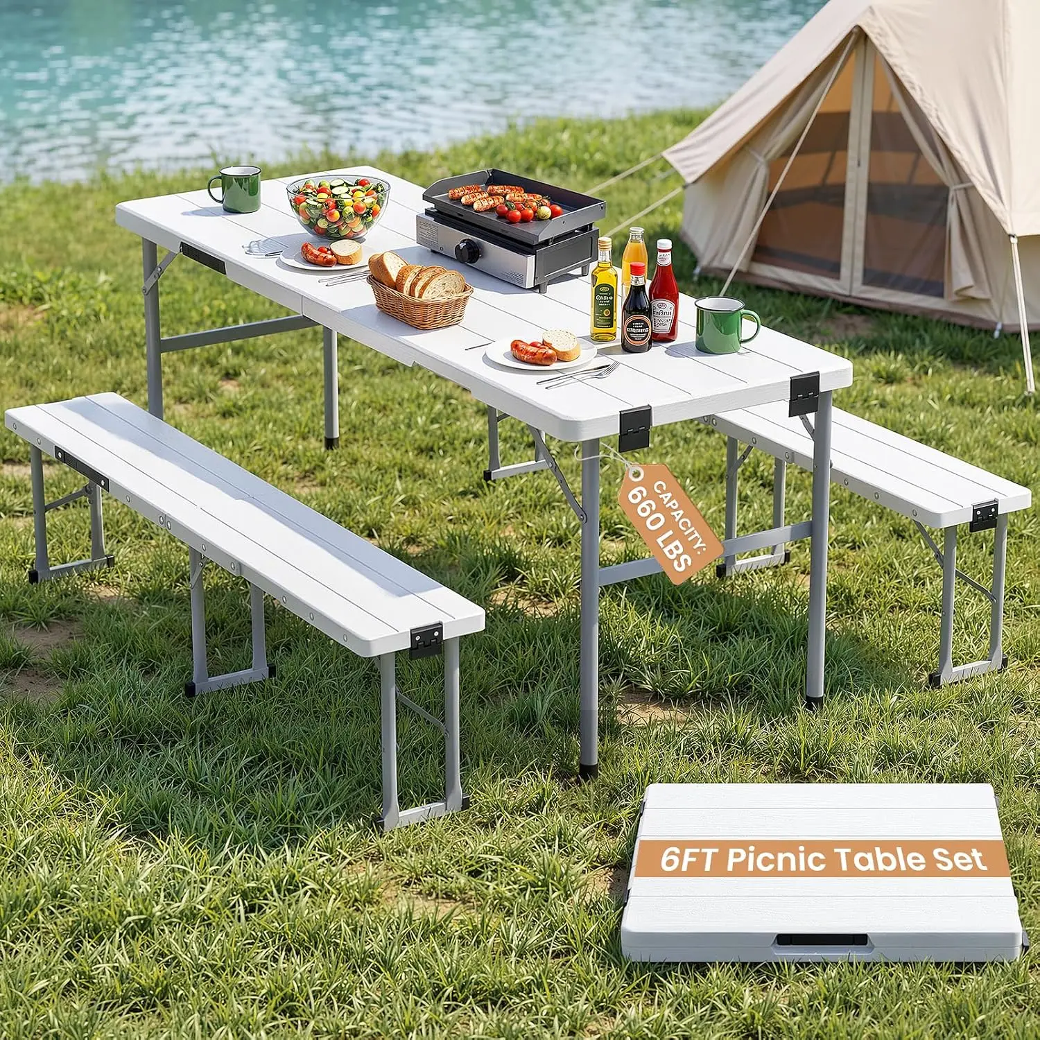 6' Picnic Table Set w/2 Benches 3-Piece 1-Case Camping Table Chair Set | HDPE Tree Pattern Top for Indoor or Outdoor Use Working