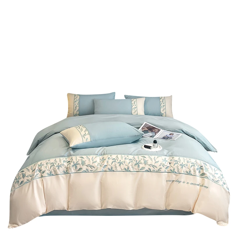 

Hot Sale NEW STYLE EMBROIDER Skin Feeling Luxury Snow White Solid Embroidery Bed Quilt Cover Bedding Sheet Set Bedding Sets