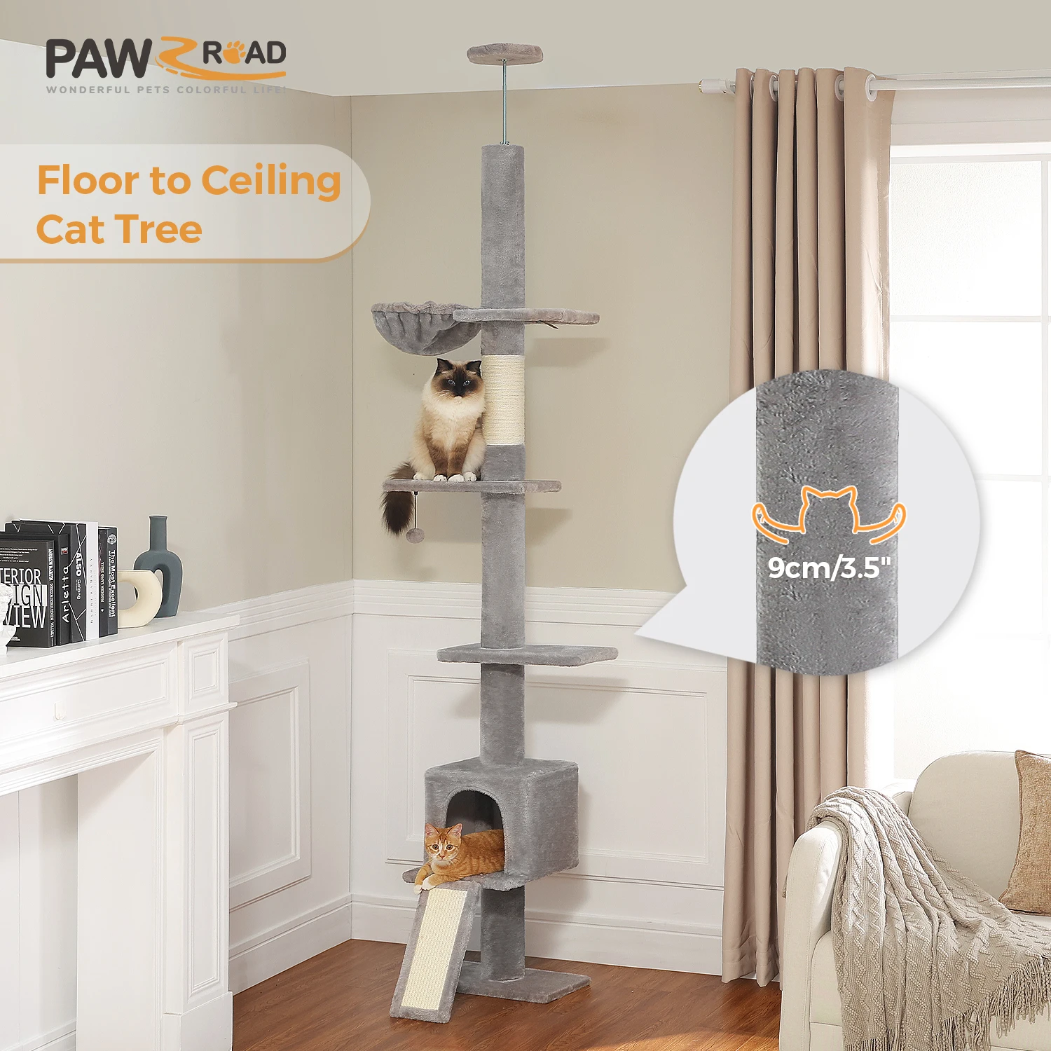 Modern Adjustable 210-274cm Cat Tree Tower Floor-to-Ceiling 5-Tier with Condo Perches Scratching Posts Ladders for Indoor Cats