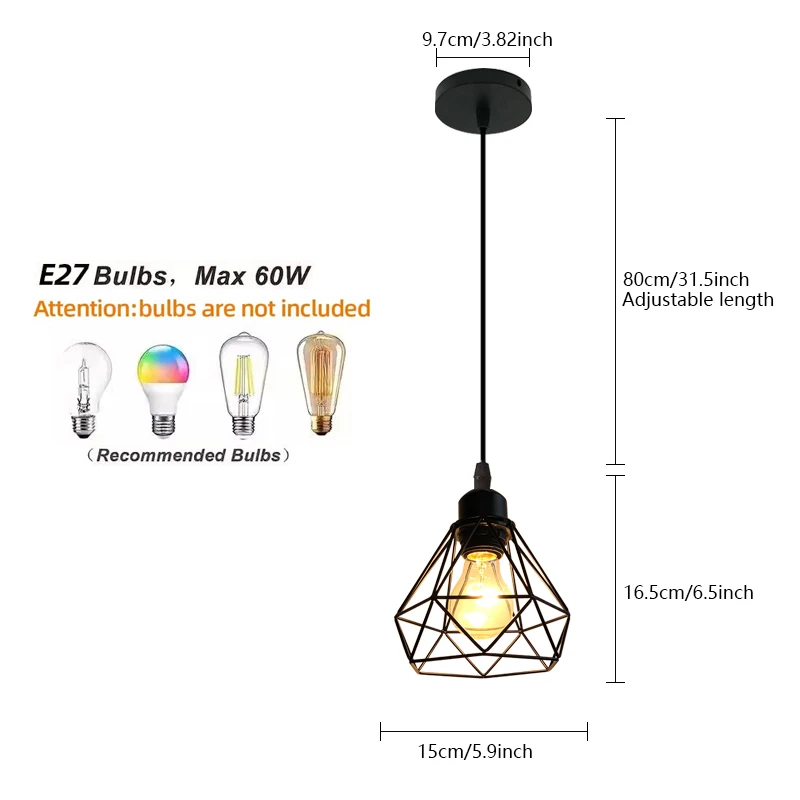 1Pc black retro industrial style hanging pendant light E27 bulb base, hallway, balcony lighting fixture (without bulb)