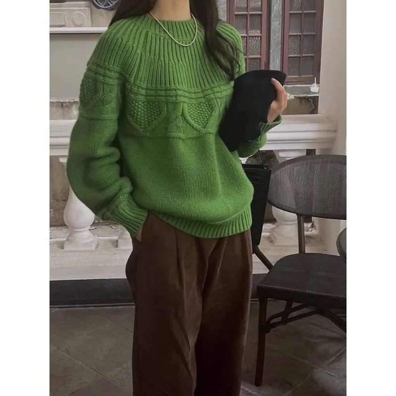 

Сплошной цвет, утолщенный свободный вязаный свитер в стиле ретро, женский пуловер, осенне-зимний нижний топ