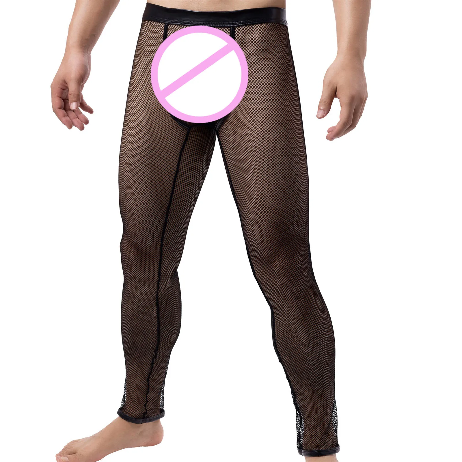 

Men Fishnet Long Pants Sexy Pajama Bottoms Mesh Hole Big Pouch Underwear See Through Breathable Leggings Hollow Out Undershirt