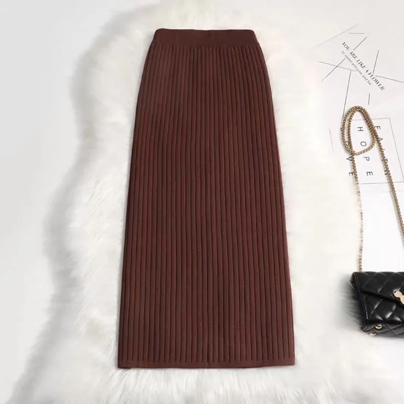 

Вязаные юбки для женщин, корейская однотонная тонкая базовая юбка-карандаш с разрезом для офиса и женщин, эластичная юбка в рубчик, длинная юбка на бедрах