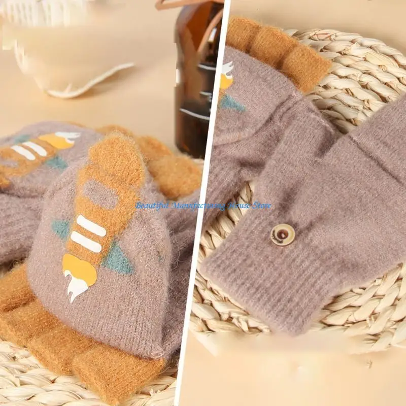 

E56A Winter Warm Gloves Stretchy Mittens Children Half Full Finger Gloves with Top Knitted Warm Gloves for Cold Weather