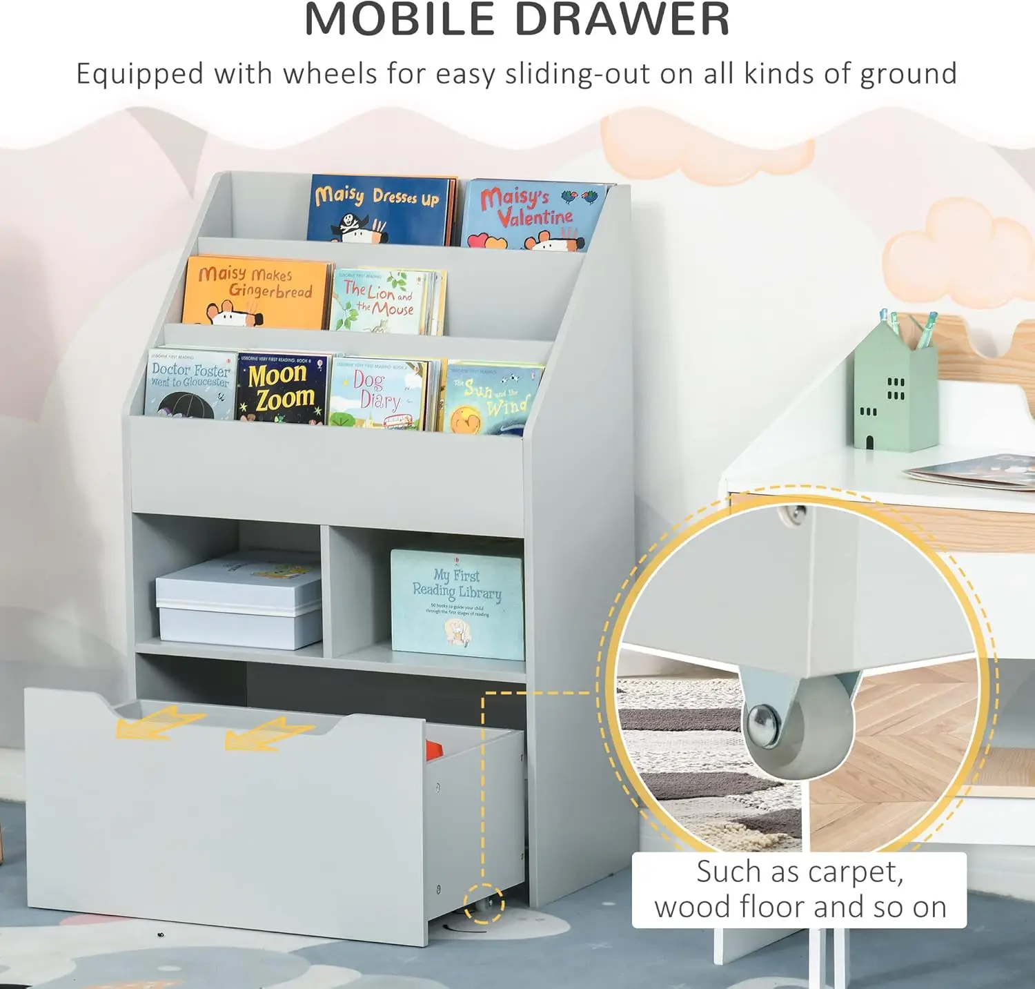 Детский книжный шкаф с ящиком для хранения, органайзер с несколькими полками для книг и игрушек в игровой комнате, серый