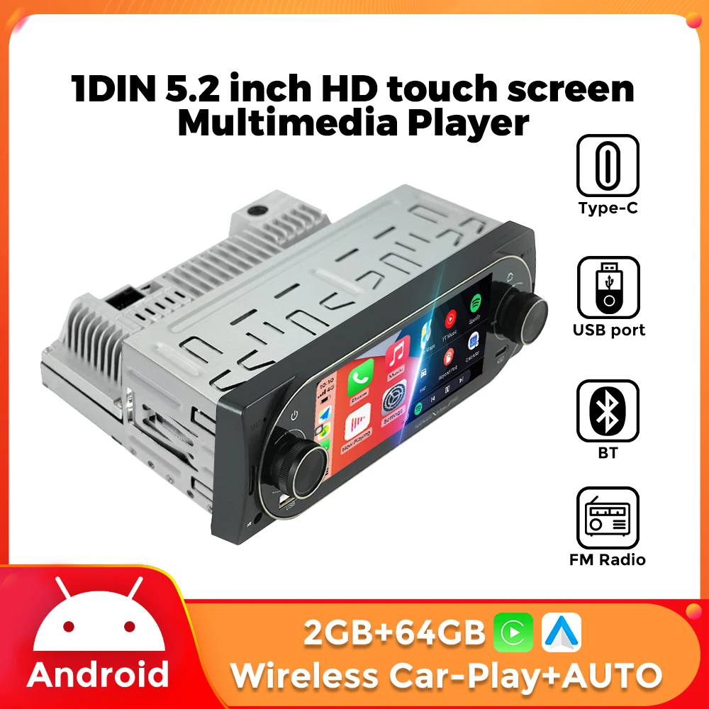 Android System 5.2Inch HD Touch Screen Multimedia Player FM Radio For Universal Head Unit Car Radio SWC BT Car-play/Android Auto