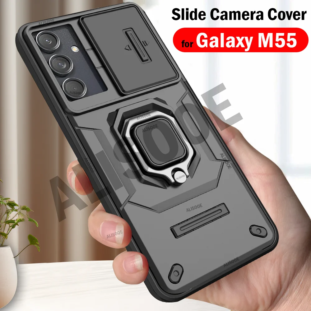 Slide Camera Funda for Samsung Galaxy M55 Case Armor Ring Stand Protection Cover for Samsung M55 SM-M556B, SM-M556B/DS Capa