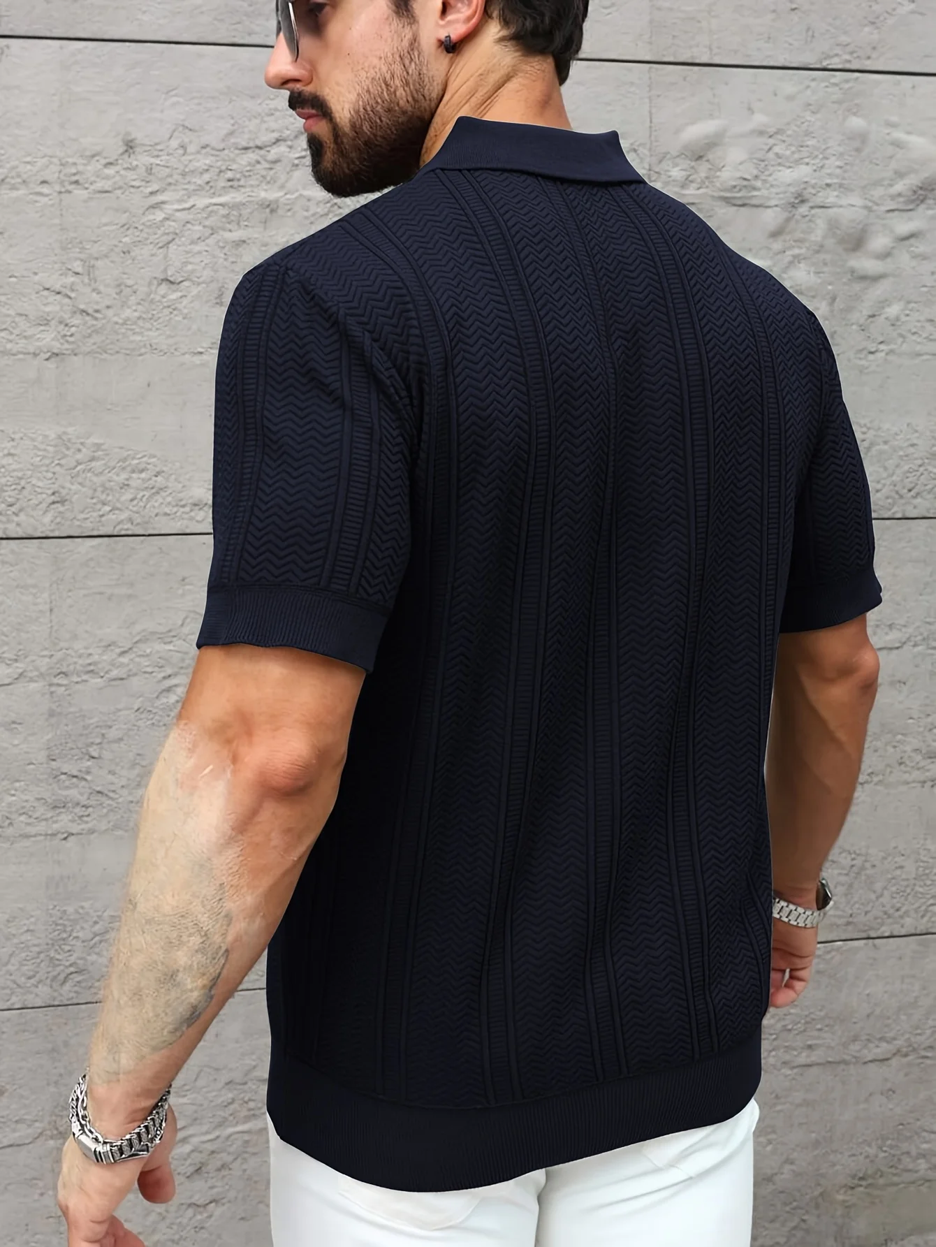 Neues 2026 Strick-Polohemd – Herren Sommer Freizeit-Kragen-Kurzarm-Shirt mit gedrehter Strickstruktur, geknöpft, einfarbig, mit Kapuze – Detail 3