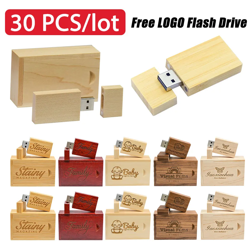 30pcs/lot Flash Drive Usb 2.0 Wooden + Box Pen Drive 4GB 8GB 16GB 32GB 64GB U Disk Free Custom Logo for Photography Wedding Gift