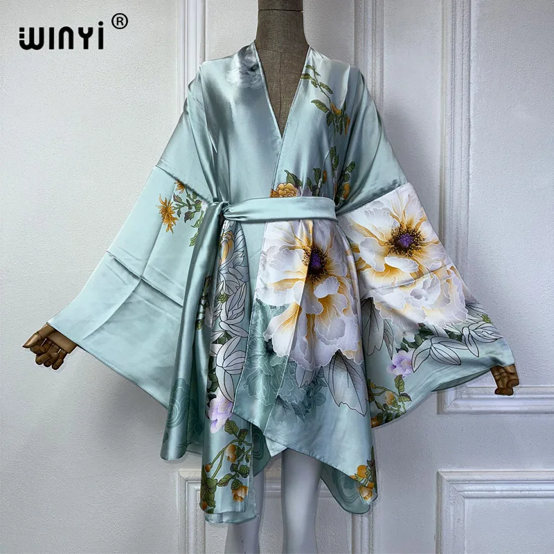 2024 WINYI Europe kimono with belt Cardigan kaftan Cocktail sexy Boho cover up beach women Africa Holiday Robe beach outfits