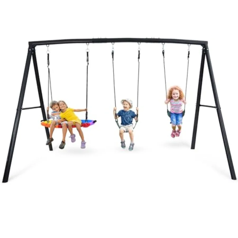 

500lb Heavy Duty Metal Swing Sets for Backyard with Saucer Swing Triple Outdoor Swingset Easy to Assemble for Safe and Durable