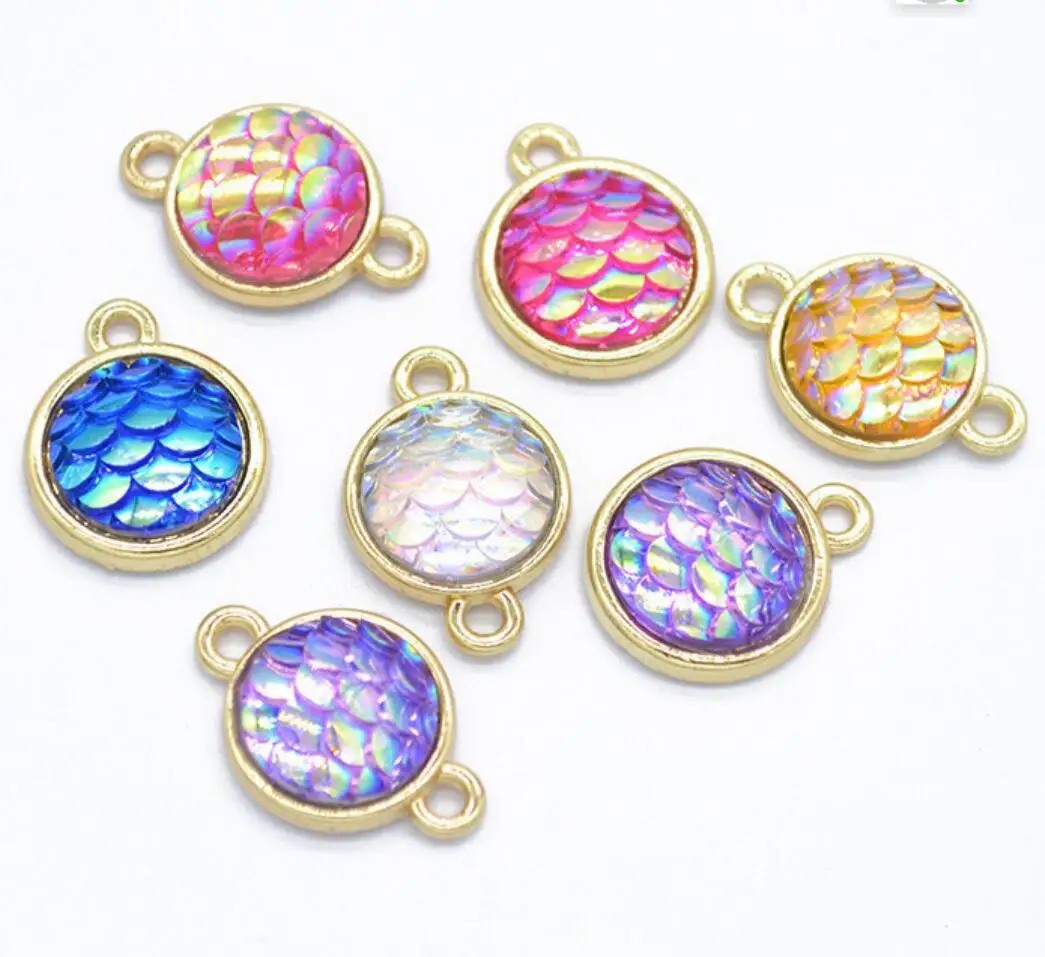 

Fnixtar Alloy Connectors 12mm Two Sided AB Colors Mermaid Scale Charms Resin Fish/ Dragon Scale Charms Bracelet DIY 70pcs F0447