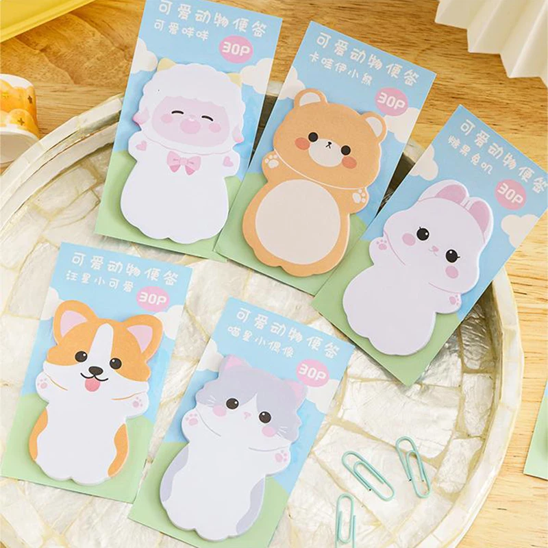 Especial-Shaped Animais Memo Pad, Sticky Notes, Caderno bonito, Papelaria Kawaii Cartoon, Material Escolar, Tendência Adorável, 30pcs