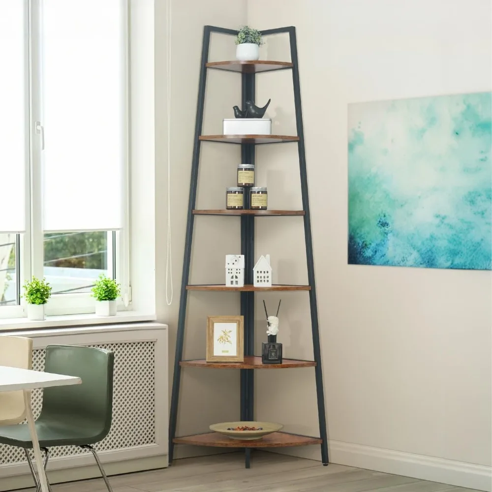 

Tall Corner Shelf Stand, 6-Tier Display Shelves, Ladder Corner Wood Storage Plant Bookshelf with Metal Frame, Versatile Shelving