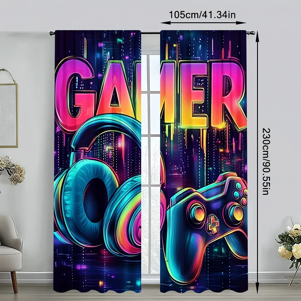 Gamer Neon Curtain, Cyberpunk Headphones Game Controller Window Drapes, Cool Video Game Room Decor for Kids Teens Bedroom