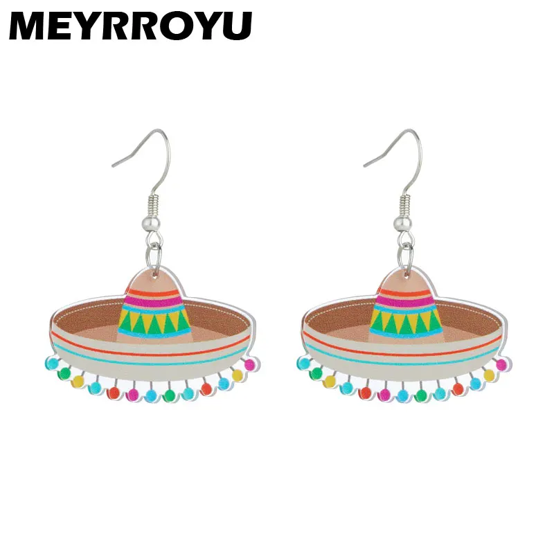 MEYRROYU 2023 New Mexican Festival Ethnic Style Drop Earrings For Women Acrylic Colorful Hat Bohemian Holiday Party Jewelry